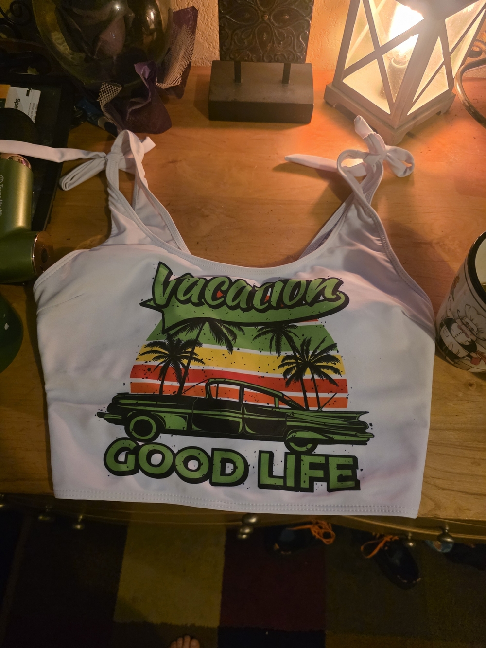 Vacation Good Life White Crop Bathimg Suit  Tank Top